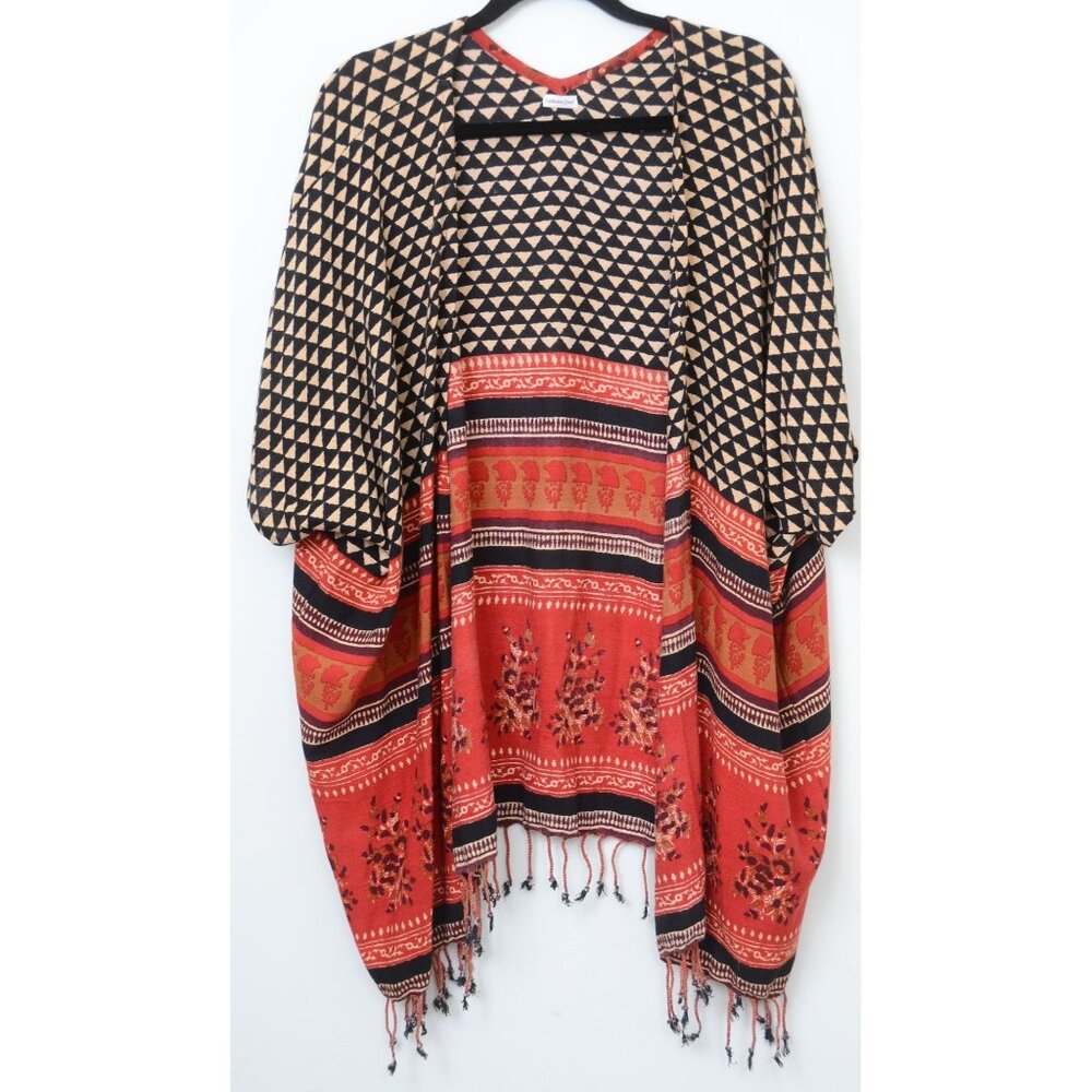 Coldwater Creek ONE SIZE Shawl Wrap Poncho Aztec Geometric Fringe Women's Cotton